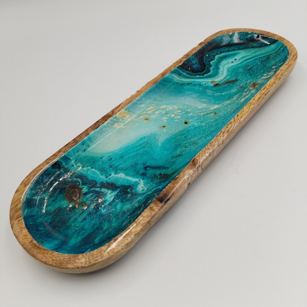 Folkulture Wood Long Oval Tray Turquoise Blue Marble Enamel Inlay Trinket Dish